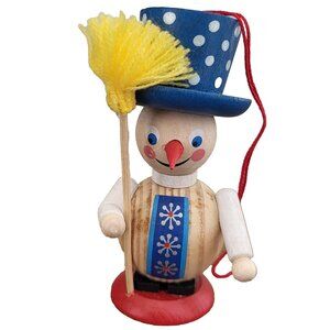 Steinbach Christmas Ornament Wood Snowman Blue Hat & Broom w/Box W. Germany VTG